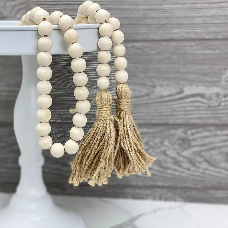 Bohemian Style Wooden Bead Tassels String Handmade Garland Jute Tassels Rustic Bead Ornament for Wall Hanging Decoration Crafts