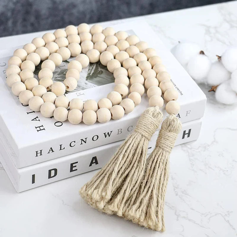 Bohemian Style Wooden Bead Tassels String Handmade Garland Jute Tassels Rustic Bead Ornament for Wall Hanging Decoration Crafts